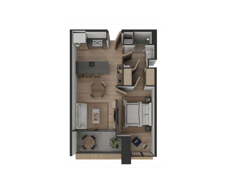 Vista aérea del diseño interior del departamento detallando la cocina, comedor y áreas privadas.