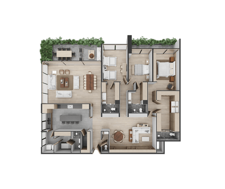 Vista aérea del diseño interior del departamento Be Gran de lujo.