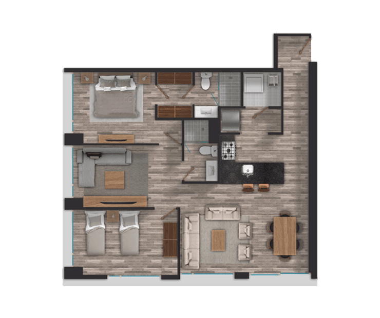 Planta arquitectónica de 2 recámaras, departmaento Be Grand Contadero.