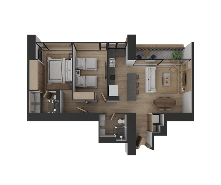 Diagrama de distribución de espacios con medidas del departamento.