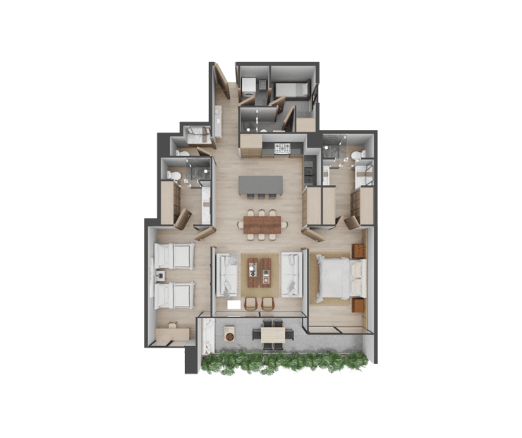 Diagrama de distribución de espacios departamentos con recamaras y baños.