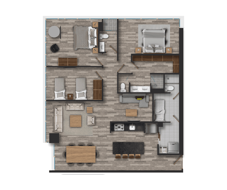 Distribución departamento Be Grand de 3 recámaras y 140 metros.