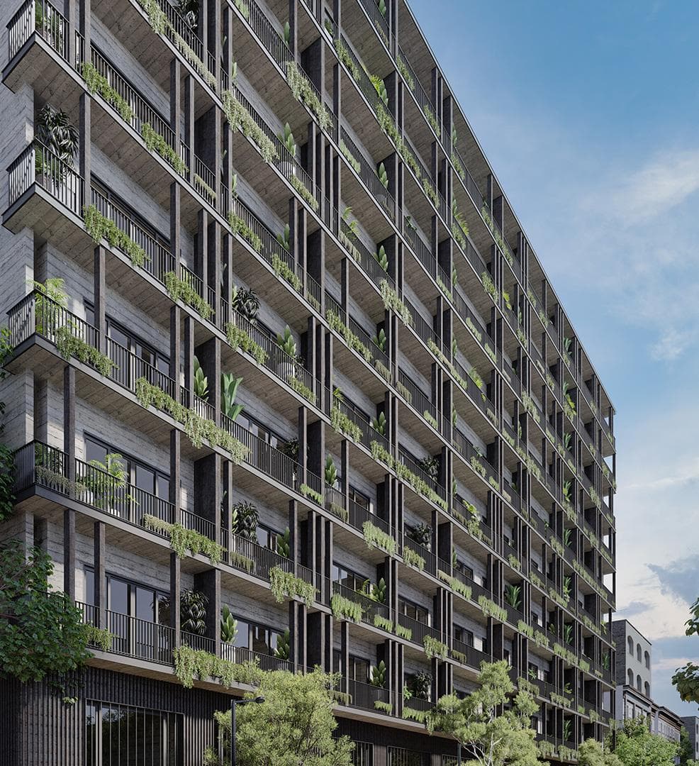 Vista exterior de torre residencial Be Roma, Ciudad de México.