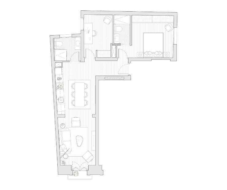 Planta arquitectónica de vivienda Be Grand Olavide de 2 recámaras.