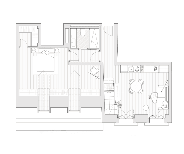 Plano de distribución de espacios de una vivienda en Be Grand Olavide, Madrid.