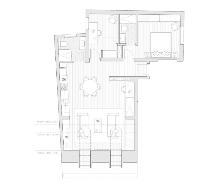 Diagrama de distribución de una vivienda de 2 recámaras en Be Grand Olavide.