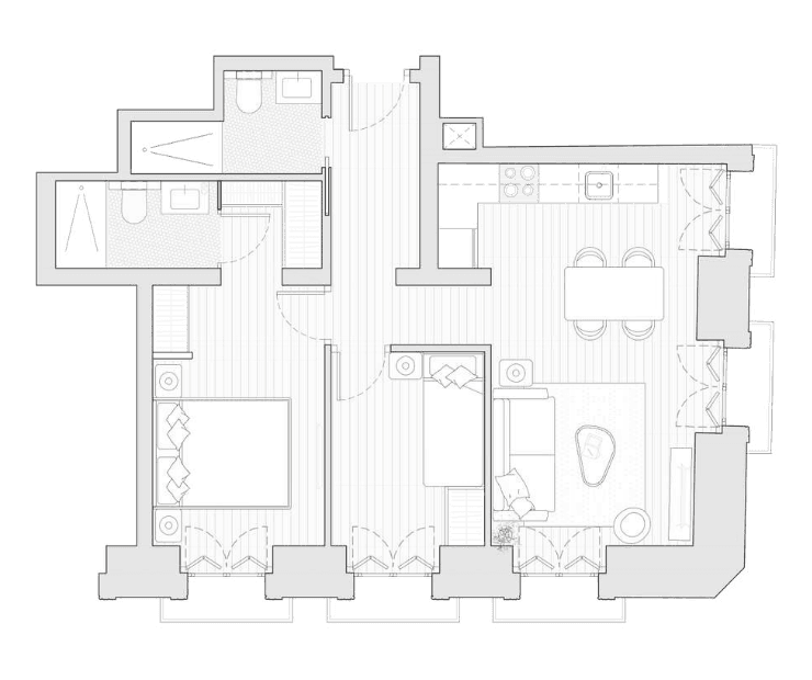 Plano de distribución de una vivienda Be Grand Olavide de 2 recámaras.