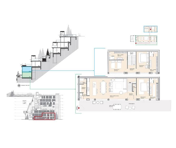 Diagrama de distribución de una vivienda de 3 recámaras en Be Grand El Limonar.