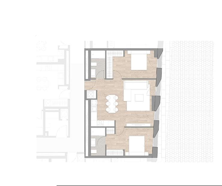 Planta arquitectónica de vivienda Be Grand Las Letras de 2 recámaras.