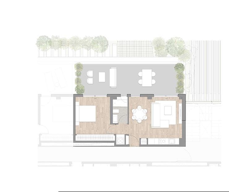 Vista aérea del diseño interior de una vivienda de 1 recámara en Be Grand.
