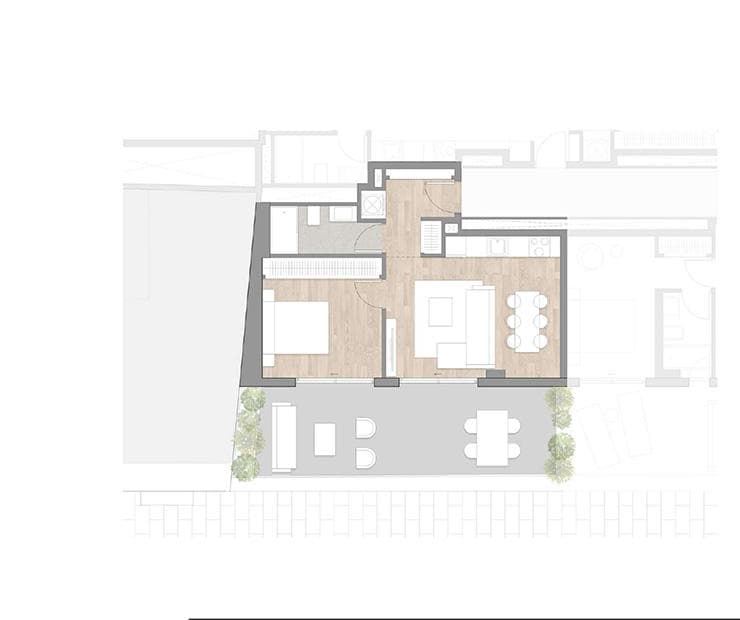Plano de distribución de espacios de una vivienda en Be Grand Las Letras, Madrid.