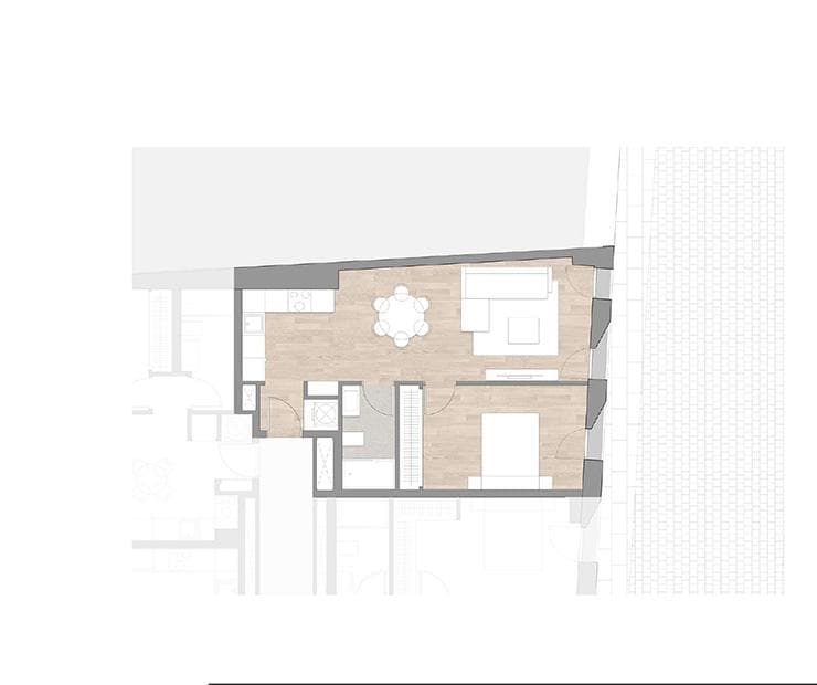 Diagrama de distribución de vivienda de 1 recámara en Be Grand Las Letras.